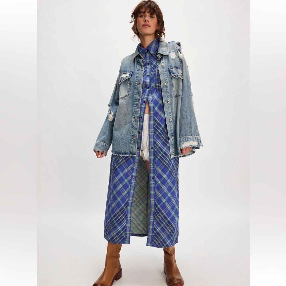 NWOT Free People We the Free Ruth Long Plaid Shirt in Cobalt Combo